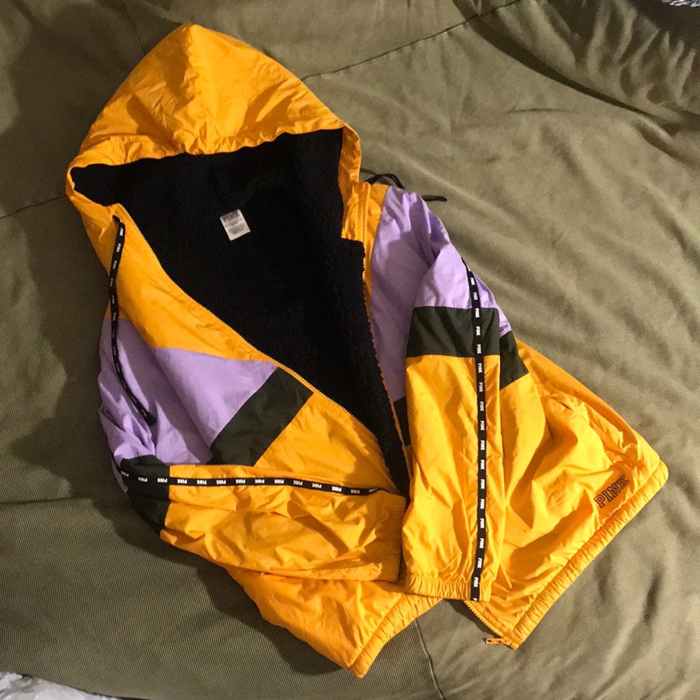 PINK yellow jacket with a black sherpa lining